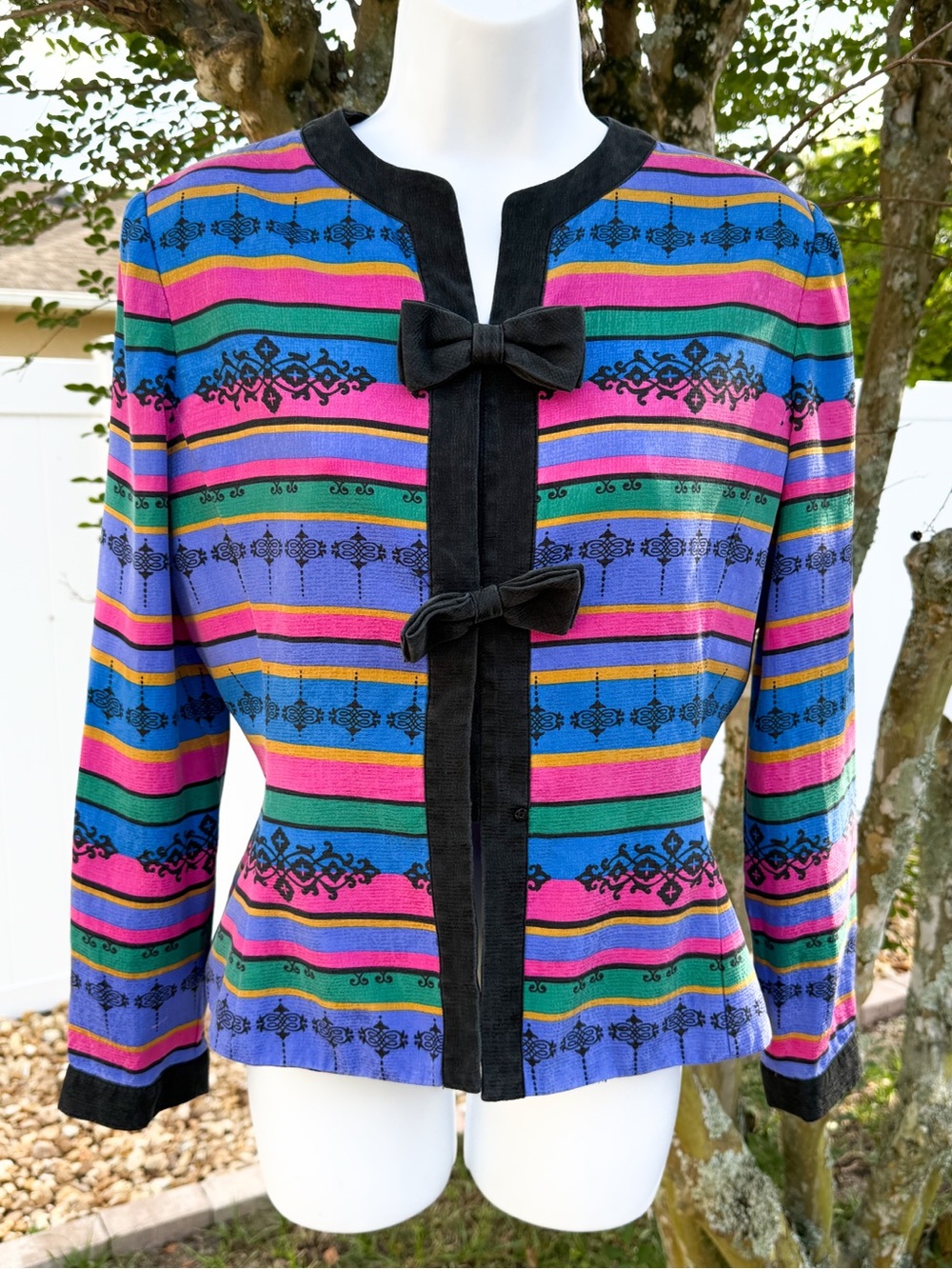 Vintage Adrianna Papell Silk Bow Jacket Colorful Striped Petite 8P